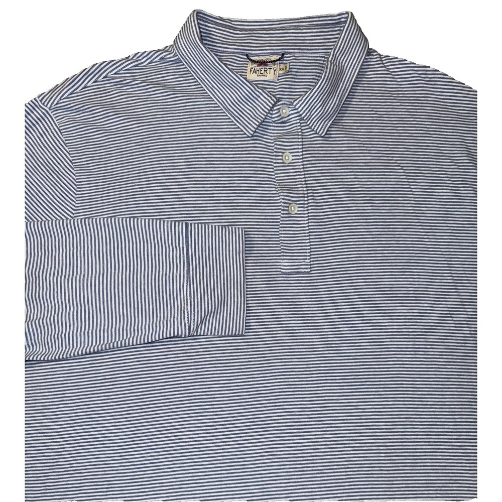 Faherty Polo Mens XXL  Movement Long Sleeve Lightweight Preppy Blue Stripe Beach